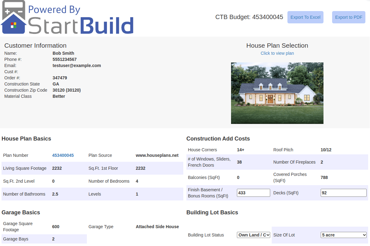 screenshot of cost to build report